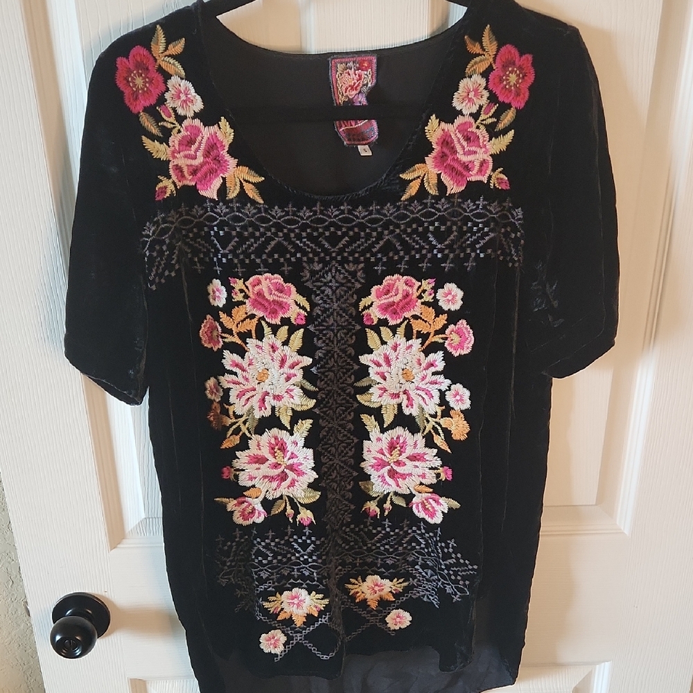 Johnny Was Black Velvet Blouse with Floral Embroidery